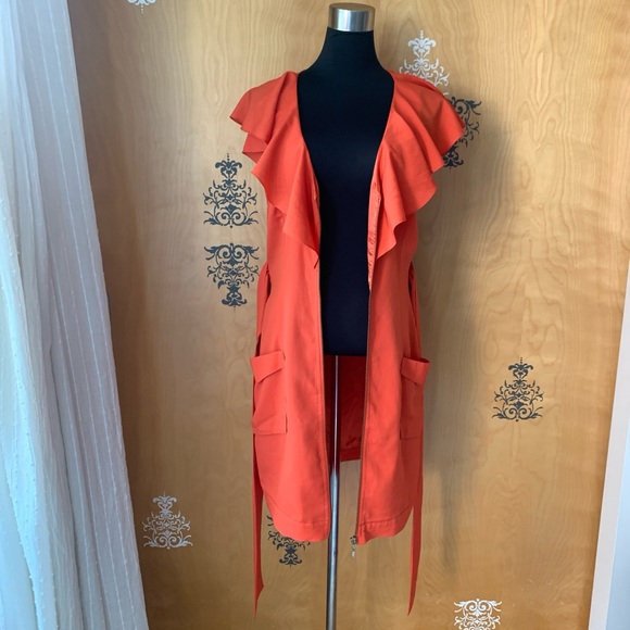 Vintage Y2K 2000s Bebe Coral Orange Ruffle Sleeve Zip-Up Mini Dress Tie Belt S/M - Picture 14 of 15